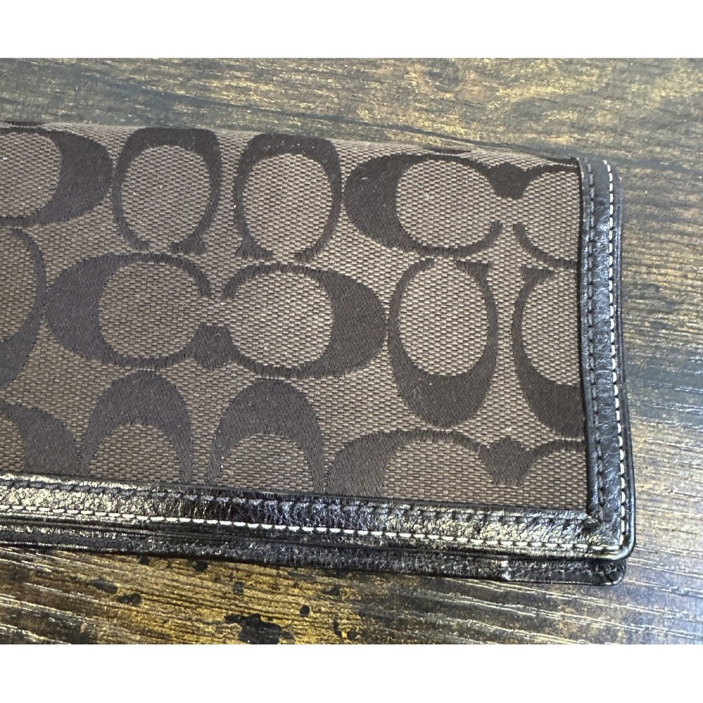 Coach Checkbook Cover Signature Brown Logo Jacquard Fabric Leather Trim Wallet - Picture 6 of 14